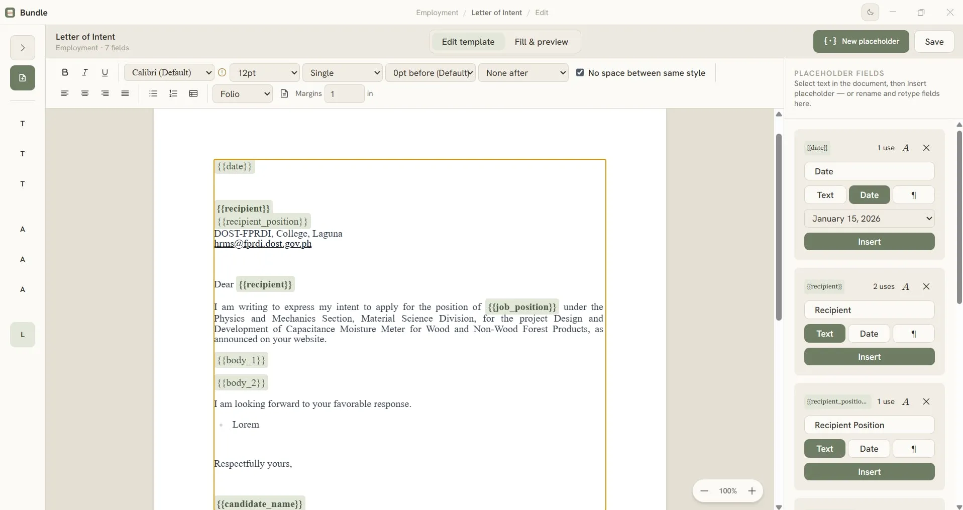 Template editor with placeholder chips